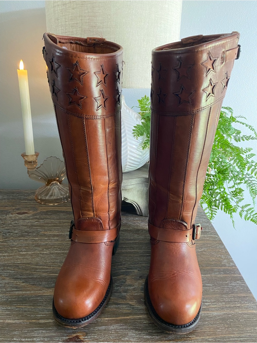 RARE Frye Engineer Americana Ltd Ed Anniversary Leather Tall Boots Women 7.5 Tan - Picture 12 of 16